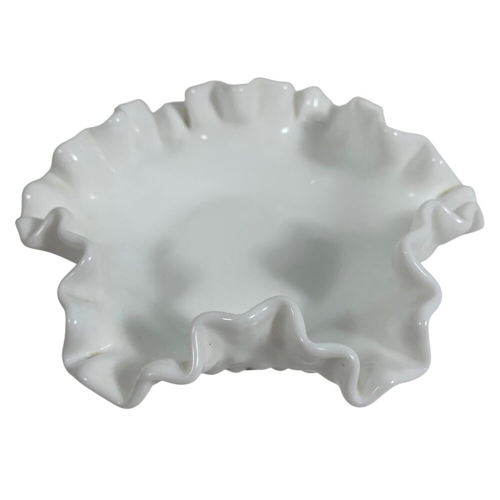 Fenton Hobnail Ruffled White Milk Glass Candy Bowl Decorative Serving Dish VTG